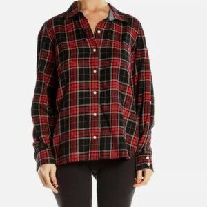 Tommy Hilfiger XL Plaid Flannel Button Shirt Red Black Roll Tab Outdoor Classic